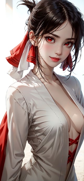 1 girl, Shinomiya Kaguya, white background, Detailed face, best quality, masterpiece, 8k , smile , Saturated colors, black hair , High detailed, kaguya shinomiya, hair ribbon, red ribbon, (red eyes:1.5), ribbon, folded ponytail