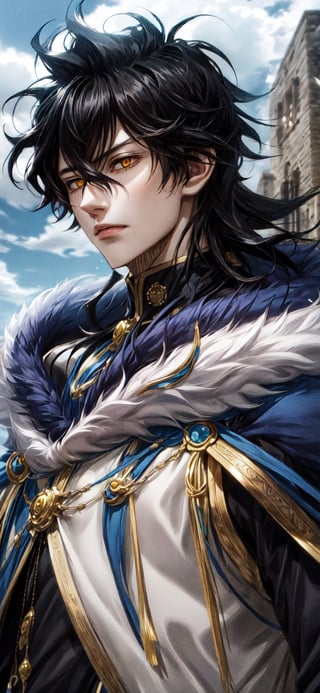 1 boy, yunu, yellow eyes, black hair, fur (masterpiece, best quality, highres:1.3), portrait of an anime male wizard wearing a white parka ,yuno