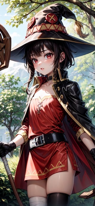 Megu-KJ, Megu hat, megu dress, megu cape, belt, collar, gloves, asymmetrical legwear, thighhighs, bandage leg, Staff , holding staff, nature background, 


(masterpiece, best quality), young man, View from the front, dynamic angle, standing,  perfect hand with proper finger, BetterHands, megumin