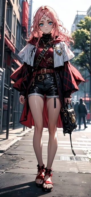 (masterpiece, best quality, highres:1.3), midjourney, Fana, 1girl, long hair, blue eyes, pink hair, facial mark, expressionless, forehead mark, toeless footwear, shorts, belt, bag, cape, long sleeves