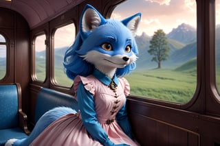 a fantastic 3d-rendered illustration of a cute blue fox, dressed in a gentle pink dress, sits in a train compartment,  watching the scenery outside the window, (fluffy:1.8), detailed fur, 8k resolution, masterpiece, very realistic, 8k resolution, masterpiece, very realistic, detailed background, depth of field, ,3d style,steampunk style