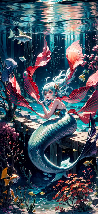 Mermaid, swimming, sea and fish background, fantasy00d