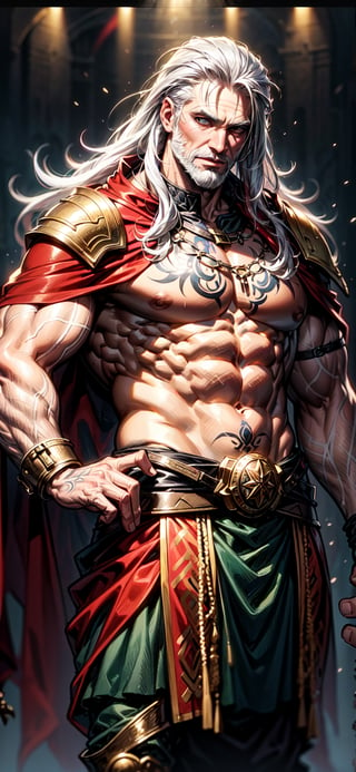 sfw, Solo, a young male barbarian, handsome, muscular, white beard, dark skin, white tattoo, white hair, dar skin, adventurer clothes, High detailed, (masterpiece, best quality), framing intense, perfect hand with proper fingers, BetterHands, Better_Hands, Fantasy