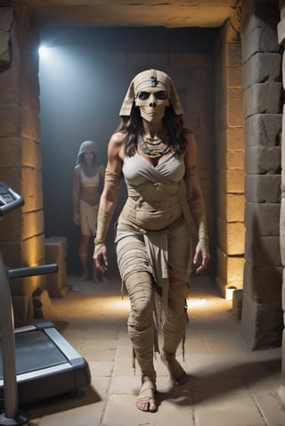 In the dimly lit chambers of an ancient pyramid, a mummy adorned with gym attire and fitness equipment stands ready to pump some bandages and hit the treadmill. The mummy's dedication to its daily workout routine defies time as it aims for peak mummy fitness, creating a humorous yet intriguing scene in the midst of the ancient past.