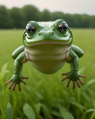 POV shot of a hefty frog, jumping in a field, Hyperpop, glimmering transformation, 4K,zhibi