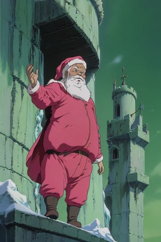 art by Makoto Shinkai and Studio Ghibli, selfie shot angle of a (Santa Claus:1.2) , it is very Majestic and Casual, simple Fuchsia and green background, nature, Icepunk, Unsplash, Medival style Castle
