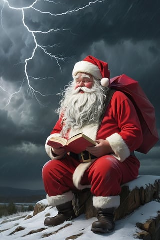 A sudden storm scatters presents across an unfamiliar landscape, making it challenging for Santa to retrieve them. He imagines the tears of children who might never receive the gifts meant for them