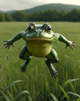 POV shot of a hefty frog, jumping in a field, Hyperpop, glimmering transformation, 4K,zhibi