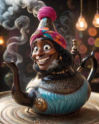 A teapot Genie. A teapot for the genie's body, 
a whimsical face with exaggerated features, a big nose and wide smile. 
swirls of magic smoke around it, 
a comically oversized turban on top! Dramatic lights. Vivid colors. Atai,atai