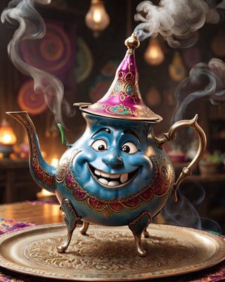 A teapot Genie. A teapot for the genie's body, 
add a whimsical face with exaggerated features like a big nose and wide smile. Give it spindly arms emerging from the sides, 
perhaps holding a miniature magic staff. Add swirls of magic smoke around it, 
and don't forget a comically oversized turban on top! Dramatic lights. Vivid colors. Atai,atai