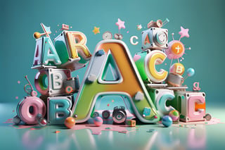 English Word "(((( A B C D )))", for kids cheerful, 3d, C4D, mixer, Octane rendering, (full Croma green background), Masterpieces in pastel colors, Hard material, Best Quality, super detaill, High Quality, 4k, 3D