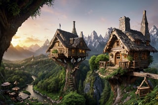 (valley, fairytale treehouse village covered, , matte painting, highly detailed, dynamic lighting, cinematic, realism, realistic, photo real, sunset, detailed, high contrast, denoised, centered, michael whelan), Detailed Textures, high quality, high resolution, high Accuracy, realism, color correction, Proper lighting settings, harmonious composition, Behance works