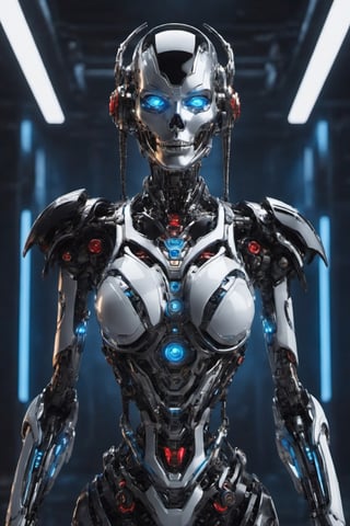 Best quality, masterpiece, ultra high res, (photorealistic:1.37), raw photo, (wide angle shots:1.37), (full body shots:1.38), (1girl:1.38), (hi-tech mechanical make face with blue neon light eyes:1.35), futuristic female cyborg with a tincture for her nose wearing a metral mask, white metallic body, hi-tech biometric glowing,  ((big breast size:1.35)), (black and white metallic color otherwoeldly features and cutting-edge technology:1.35), teats、cyberpunked、Ultra-shiny ultra-hard Transformers cyborg body、((neon light translucent from join:1.34)), (Storing weapons in the body:1.33)、black and red ratio ratio、face perfect, cleavage showing Superhero costume with intricate details, sensual pose, dynamic lighting, in the dark, deep shadow, low key, Tied waist、Colossal tits、(Ultra-shiny black and white colored titanium cyborg body covering the body:1.5)、((machine made joints:1.33)), ((machanical limbs)), ((mechanical cervial attaching to neck)), (wires and cables attaching to neck:1.33), (wires and cables on head:1.33), (character focus), science fiction, extreme detailed, highest detailed, perfect foot、perfect hand、Clean facial skin, A futuristic, depth of fields, reflective light, retinas, , awardwinning, hight resolution, cinematic image, (dynamic lighting to body:1.35), battelfield background, \,Movie Still,cyborg style,IMGFIX,Skull Head