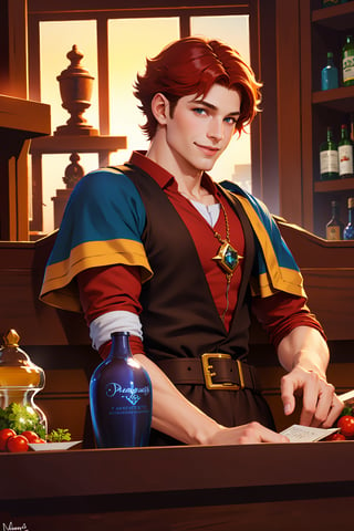 (absurdres, highres, ultra detailed, HDR), masterpiece, best quality, legend of mana character in weapon shop buying a potions at the counter, 1 boy, detailed face, handsome face, smiling face, short red hair