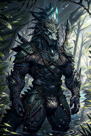 Warframe, bodysuit, bioluminescence, (perfect eyes), (beautiful hands), An anthropomorphic crocodile in biotech armor sailing on a Balza down a river, ((crotch_bulge)), repitle, anthrofur, ((crocodile)), sexy_face, Plume