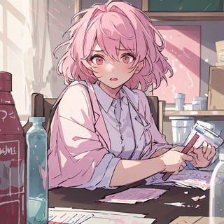 masterpiece, best quality, ultra detailed, 1 old woman, highly detailed, perfect face, short hair,  pastel pink hair, pink eyes (perfect female body), wearing a white lab coat, diligent student, messy hair, working on a table with various chemicals, messy place, dark environments, darkness, dim light,