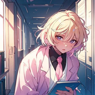 masterpiece, best quality, ultra detailed, 1 old woman, very detailed, perfect face, short hair, semi blonde pastel pink hair, pink eyes (perfect female body), wearing a white lab coat, diligent student, messy hair, carrying books and chemicals, walking through the dark hallway of a university, dark environments, little light