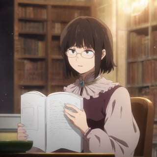 masterpiece, best quality, ultra detailed, 1woman, highly detailed, perfect face, short chestnut hair, black eyes,(perfect female body), glasses, bangs, wearing fancy clothes. reading a book in the library. particles in the environment, perfect lighting.  score_9,boku_no_hero_academia_style,shullet,fine_ascxl,Visual Anime
