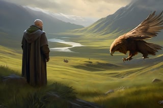 realistic, solo,(masterpiece:0.7), best quality, finely detailed skin, good hand,4k,high-res, masterpiece, dynamic pose, perfect artwork, death stranding prairie landscape with sunrise mountains in the side background and Franciscan friar touching the head of a massive griffin, the griffin With WINGS SPREAD , is like the ones from the chronicles of Narnia (half lion, half American bold eagle), Hawaii landscape, landscape,  (masterpiece), perfect artwork, scenery, survival, perfect architecture, after rain, misty, overcast lighting, 8k, dreamy haze, highly detailed, high resolution, ( very detailed background, detailed green grass), painting by Leonardo DaVinci, 4 feet green grass, rocks