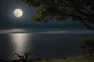 Gloomy weather showing the moon over the sea with tree leaves overlooking the side of the water