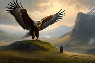 realistic, solo,(masterpiece:0.7), best quality, finely detailed skin, good hand,4k,high-res, masterpiece, dynamic pose, perfect artwork, death stranding prairie landscape with sunrise mountains in the side background and Franciscan friar touching the head of a massive griffin, the griffin With WINGS SPREAD , is like the ones from the chronicles of Narnia (half lion, half American bold eagle), Hawaii landscape, landscape,  (masterpiece), perfect artwork, scenery, survival, perfect architecture, after rain, misty, overcast lighting, 8k, dreamy haze, highly detailed, high resolution, ( very detailed background, detailed green grass), painting by Leonardo DaVinci, 4 feet green grass, rocks