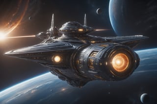 4k,intricate detail,wallpaper,colorful Light,(masterpiece),absurdres,
"Create a detailed and realistic depiction of a space battleship, focusing on its iconic wave motion gun, sleek hull design, and the cosmic backdrop, capturing the essence of its interstellar voyage,
,Renaissance Sci-Fi Fantasy,High Renaissance,Sci-Fi,Starship