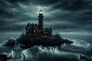 masterpeace, best quality, extremely detailed, 4k, scary setting, fog, haunted, horror, dark scenery, dimly lit, Illustrate a desolate and stormy coastline with a haunted lighthouse that guides lost souls to their doom, its beacon shining with an eerie spectral light, detailmaster2, HellAI, DonMn1ghtm4reXL