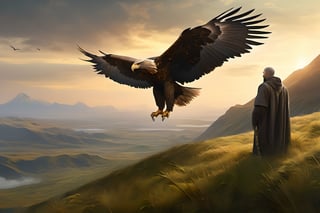 realistic, solo,(masterpiece:0.7), best quality, finely detailed skin, good hand,4k,high-res, masterpiece, dynamic pose, perfect artwork, death stranding prairie landscape with sunrise mountains in the side background and Franciscan friar touching the head of a massive griffin, the griffin With WINGS SPREAD , is like the ones from the chronicles of Narnia (half lion, half American bold eagle), Hawaii landscape, landscape,  (masterpiece), perfect artwork, scenery, survival, perfect architecture, after rain, misty, overcast lighting, 8k, dreamy haze, highly detailed, high resolution, ( very detailed background, detailed green grass), painting by Leonardo DaVinci, 4 feet green grass, rocks