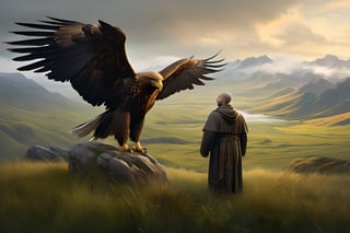 realistic, solo,(masterpiece:0.7), best quality, finely detailed skin, good hand,4k,high-res, masterpiece, dynamic pose, perfect artwork, death stranding prairie landscape with sunrise mountains in the side background and Franciscan friar touching the head of a massive griffin, the griffin With WINGS SPREAD , is like the ones from the chronicles of Narnia (half lion, half American bold eagle), Hawaii landscape, landscape,  (masterpiece), perfect artwork, scenery, survival, perfect architecture, after rain, misty, overcast lighting, 8k, dreamy haze, highly detailed, high resolution, ( very detailed background, detailed green grass), painting by Leonardo DaVinci, 4 feet green grass, rocks