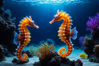 best quality, masterpiece, 8k, ultra detailed, ultra realistic, 3 X seahorseS glowing in blacklight, cinematic, Movie Still, high resolution, hyperrealistic photography, photorealistic, professional photography, underwater landscape