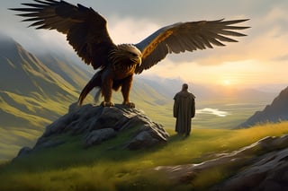 realistic,solo,(masterpiece:0.7),best quality,finely detailed skin,good hand,4k,high-res,masterpiece, dynamic pose, perfect artwork, death stranding praire landscape with sunrise mountains in the side background and Franciscan friar touching the head of a massive griffin, the griffin is like the ones from the chronicles of Narnia (half lion, half American bold eagle), Hawaii landscape, landscape,  (masterpiece), perfect artwork, scenery, survival, perfect architecture, after rain, misty, overcast lighting, 8k, dreamy haze, highly detailed, high resolution, ( very detailed background, detailed green grass),painting by Leonardo DaVinci, 4 feet green grass, rocks