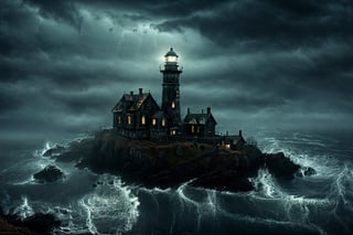 masterpeace, best quality, extremely detailed, 4k, scary setting, fog, haunted, horror, dark scenery, dimly lit, Illustrate a desolate and stormy coastline with a haunted lighthouse that guides lost souls to their doom, its beacon shining with an eerie spectral light, detailmaster2, HellAI, DonMn1ghtm4reXL