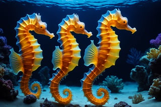 best quality, masterpiece, 8k, ultra detailed, ultra realistic, 3 X seahorseS glowing in blacklight, cinematic, Movie Still, high resolution, hyperrealistic photography, photorealistic, professional photography, underwater landscape