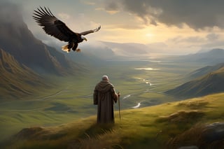 realistic, solo,(masterpiece:0.7), best quality, finely detailed skin, good hand,4k,high-res, masterpiece, dynamic pose, perfect artwork, death stranding prairie landscape with sunrise mountains in the side background and Franciscan friar touching the head of a massive griffin, the griffin With WINGS SPREAD , is like the ones from the chronicles of Narnia (half lion, half American bold eagle), Hawaii landscape, landscape,  (masterpiece), perfect artwork, scenery, survival, perfect architecture, after rain, misty, overcast lighting, 8k, dreamy haze, highly detailed, high resolution, ( very detailed background, detailed green grass), painting by Leonardo DaVinci, 4 feet green grass, rocks