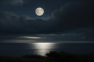 Gloomy weather showing the moon over the sea with tree leaves overlooking the side of the water