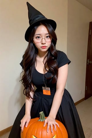 1girl,  solo,  blonde hair,  long hair,  glasses, (forehead:1.3)14yo,
BREAK
(Halloween）（Pumpkin:1.1)
black witch,hat