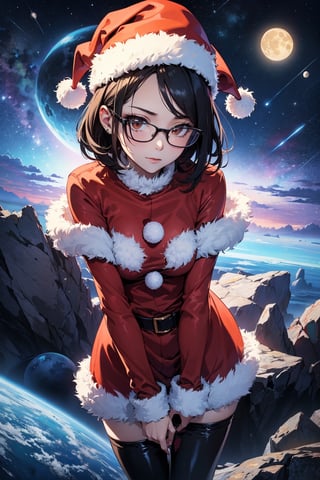 (absurdres, highres, ultra detailed), (1girl:1.3), (beautiful and aesthetic:1.3), brown_eyes, black_hair, straight hair, , (forehead:1.1), glasses , (confused expression:1.3), (space suit:1.2), smile,
BREAK
(dramatic lighting:1.2), cold colors, long shadows, vibrant colors, soft glow, anime style, otherworldly atmosphere
BREAK
alien planet, floating rocks, glowing plants, starry sky, surreal moon, beautiful, masterpiece, best quality
(santa:1.3)

