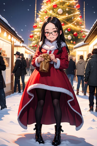best quality,  masterpiece,  ultra high res, 
 BREAK
Santa, cheerful expression, red suit with white fur trim, black boots, carrying a sack of gifts, busy schedule, checking list, smiling warmly
BREAK
Christmas market, festive lights, snowfall, couples strolling, holiday music, decorated stalls, joyful atmosphere, winter evening
BREAK
romantic dinner, candlelit table, mistletoe, cozy fireplace, exchanging gifts, laughter, intimate conversation, sparkling wine, delicious food, highres, ultra detailed, beautiful, masterpiece, best quality
 BREAK
 brown_eyes,  black_hair,  straight hair,  lips,  (forehead:1.3),  cute,  medium breasts,  plump,  petite,  loli,  glasses,            
,  closed mouth,  convergent strabismus,  bashful,  shy,  blushing,  smile,(fullbody:1.5)