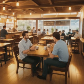 A cozy coffee shop interior, warm lighting, wooden tables, patrons sipping coffee, soft chatter, a barista pouring espresso, a window view with passersby.