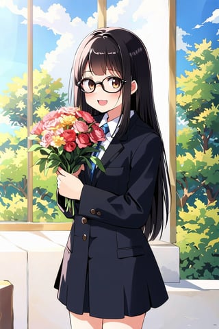 (anime:1.5)
best quality, masterpiece, ultra high res, RAW photo
1girl, (suit:1.3), brown_eyes, black_hair, straight hair, lips, (forehead:1.3), cute, medium breasts, plump, petite, loli, glasses,              
, closed mouth, convergent strabismus, bashful, shy, blushing, smile


BREAK
morning, Cheerfully greeting everyone, colourful background, Model shooting style

BREAK
(holding a bouquet of flower, :1.3)
(anime:1.5)(High-contrast)

