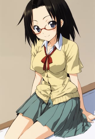 1girl,
,masterpiece, best quality, oldest,anime,

 1girl , school uniform, (forehead:1.0), cute, medium breasts, petite , glasses, closed mouth, smile , black hair,

nanase_aoi
