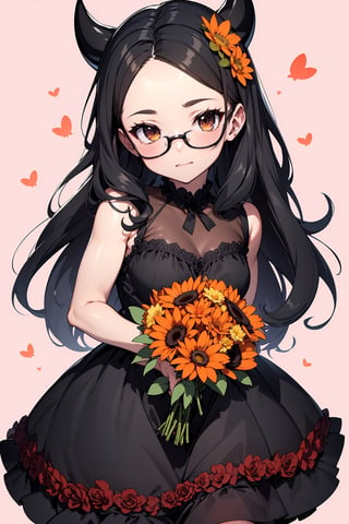 best quality,  masterpiece,  ultra high res,  RAW photo
1girl,     ,  solo,     ,  brown_eyes,  black_hair,  straight hair,  lips,  (forehead:1.3),  cute,  medium breasts,  plump,  petite,  loli,  glasses,     
,  closed mouth,  convergent strabismus,  bashful,  shy,  blushing,  (smile:0.6),  BREAK
morning,  Cheerfully greeting everyone,  colourful background,  Model shooting style

BREAK
(holding a bouquet of flower,  :1.3)
halloween