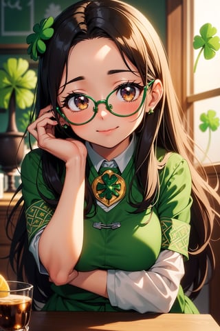 (retro anime:1.5)
best quality, masterpiece, ultra high res, RAW photo
1girl, brown_eyes, black_hair, straight hair, lips, (forehead:1.3), cute, medium breasts, plump, petite, loli, glasses,                   
, closed mouth, convergent strabismus, bashful, shy, blushing, smile


BREAK
(St. Patrick's Day:1.5)
(celts:1.5),green beer,