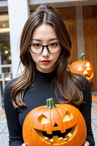 1girl,  solo,  blonde hair,  long hair,  glasses, (forehead:1.3)
BREAK
(Halloween ）（Pumpkin:1.1)
witch