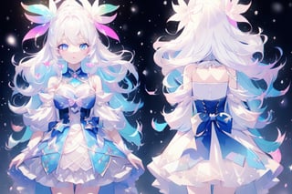 ((magical girl,  white hair,  rainbow eyes,  doll dress,  short dress,  long hair,  small breasts,  pale skin,  soft skin,  colorful snow background,  rainbow,  hearts,  snow,  snowing,  ice,  pastel,  sun)),  (masterpiece,  best quality:1.2),  fluffy,  soft,  light,  bright,  sparkles,  twinkle,  slightly downcast eyes,  cute,  pink,  purple,  crystals,,,,kawaiitech, ((((character sheet))))