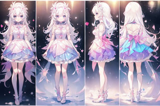 ((magical girl,  white hair,  rainbow eyes,  doll dress,  short dress,  long hair,  small breasts,  pale skin,  soft skin,  colorful snow background,  rainbow,  hearts,  snow,  snowing,  ice,  pastel,  sun)),  (masterpiece,  best quality:1.2),  fluffy,  soft,  light,  bright,  sparkles,  twinkle,  slightly downcast eyes,  cute,  pink,  purple,  crystals,,,,kawaiitech, ((((character sheet)))),(((chibi, loli,lolita)))