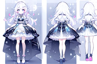 ((magical girl,  white hair,  rainbow eyes,  doll dress,  short dress,  long hair,  small breasts,  pale skin,  soft skin,  colorful snow background,  rainbow,  hearts,  snow,  snowing,  ice,  pastel,  sun)),  (masterpiece,  best quality:1.2),  fluffy,  soft,  light,  bright,  sparkles,  twinkle,  slightly downcast eyes,  cute,  pink,  purple,  crystals,,,,kawaiitech, ((((character sheet)))),loli, (((short legs))), (((((high details, 8k. 4k. full body)))))