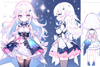 ((magical girl,  white hair,  rainbow eyes,  doll dress,  short dress,  long hair,  small breasts,  pale skin,  soft skin,  colorful snow background,  rainbow,  hearts,  snow,  snowing,  ice,  pastel,  sun)),  (masterpiece,  best quality:1.2),  fluffy,  soft,  light,  bright,  sparkles,  twinkle,  slightly downcast eyes,  cute,  pink,  purple,  crystals,,,,kawaiitech, ((((character sheet)))),loli, (((short legs))), (((((high details)))))