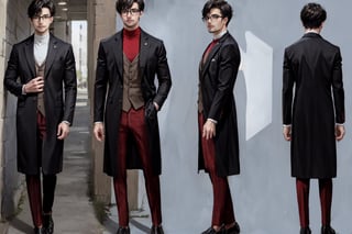 masterpiece, best quality, absurdres, 1boy, solo, ((closed business suits)), great face, (Arab), tall , slim, handsome, plaid pants, turtleneck, corridor, hands straight ,very_high_resolution, (((((chara-sheet))))),chara-sheet,More Detail, ((full_body)), black coat, glasses,Jeremiah_Chugi_Wald,xyzsankurta, (midjourney)