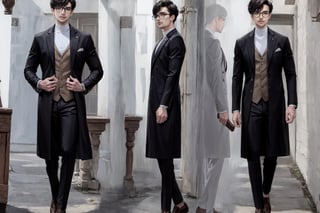 masterpiece, best quality, absurdres, 1boy, solo, ((closed business suits)), great face, (Arab), tall , slim, handsome, plaid pants, turtleneck, corridor, hands straight ,very_high_resolution, (((((chara-sheet))))),chara-sheet,More Detail, ((full_body)), black coat, glasses,Jeremiah_Chugi_Wald,xyzsankurta